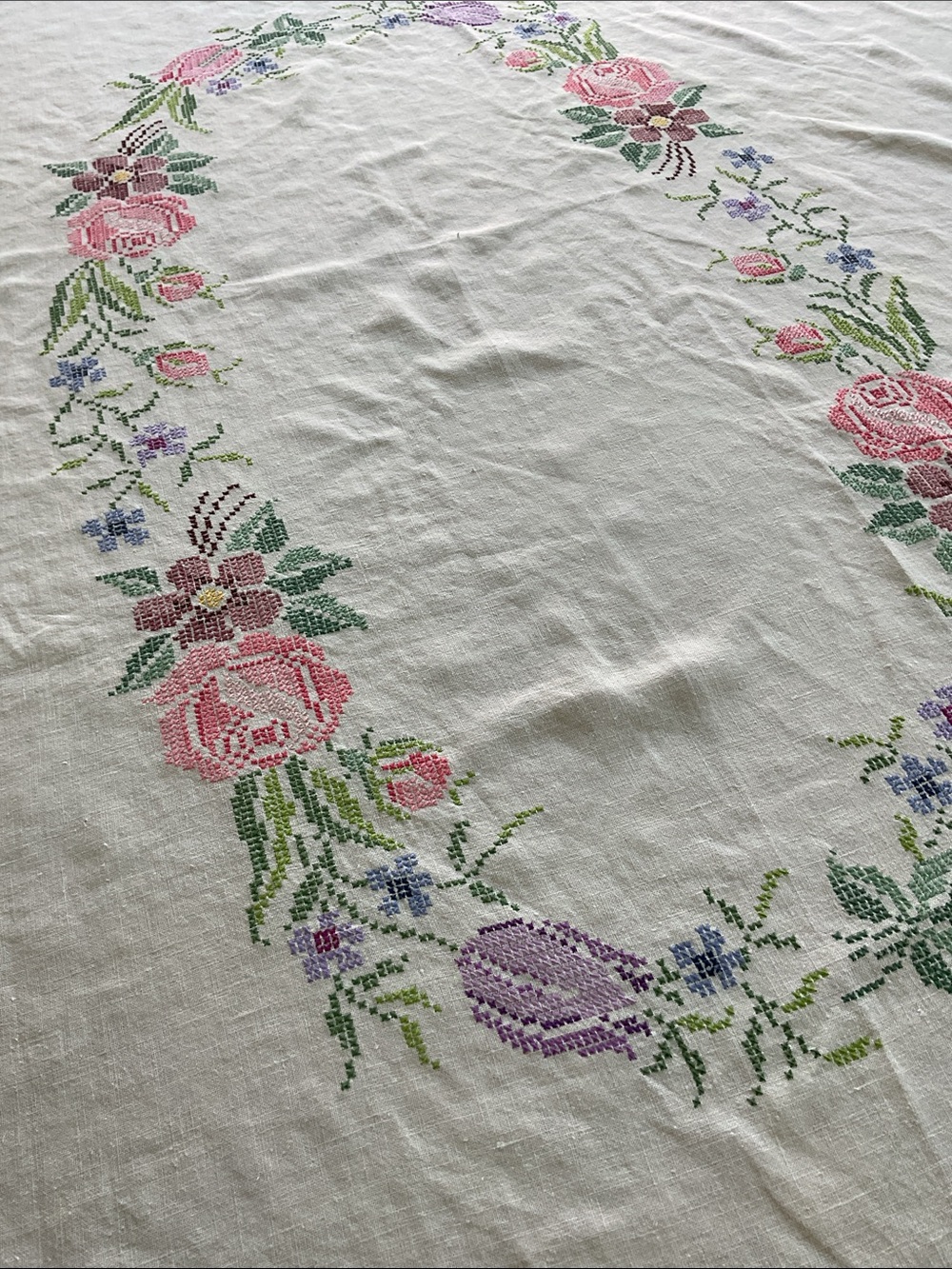 Vintage linen tablecloth. Cross stitched.